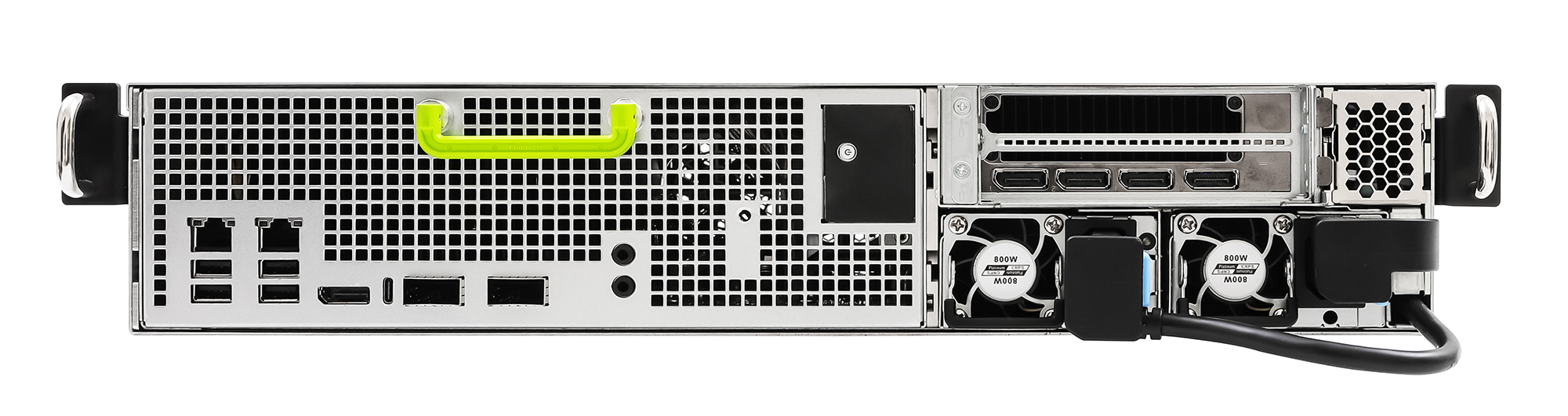 Front view of the ASRock Rack 2UXGI-THOR server displaying I/O ports, expansion slots, cooling fans, and power supplies.