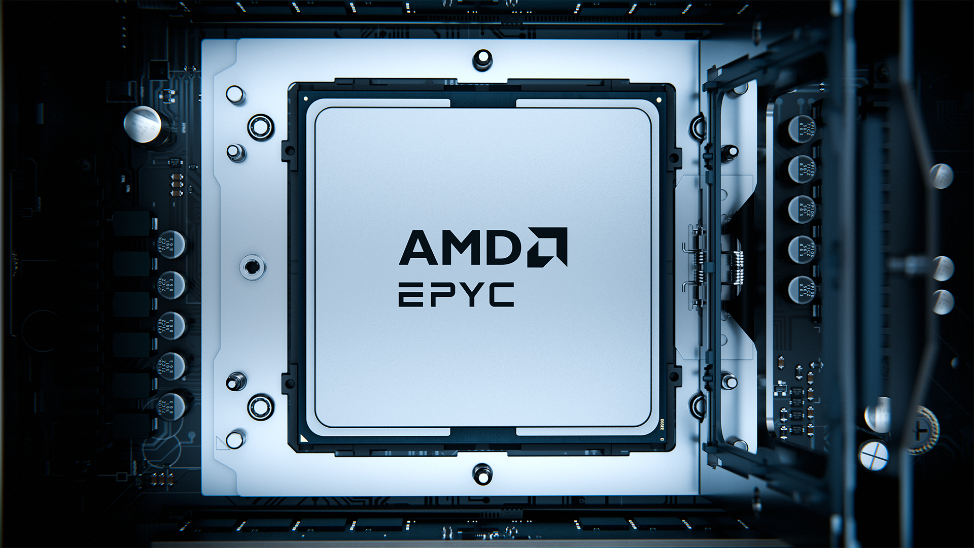 An AMD EPYC 9006 Series processor chip installed in a server motherboard socket.