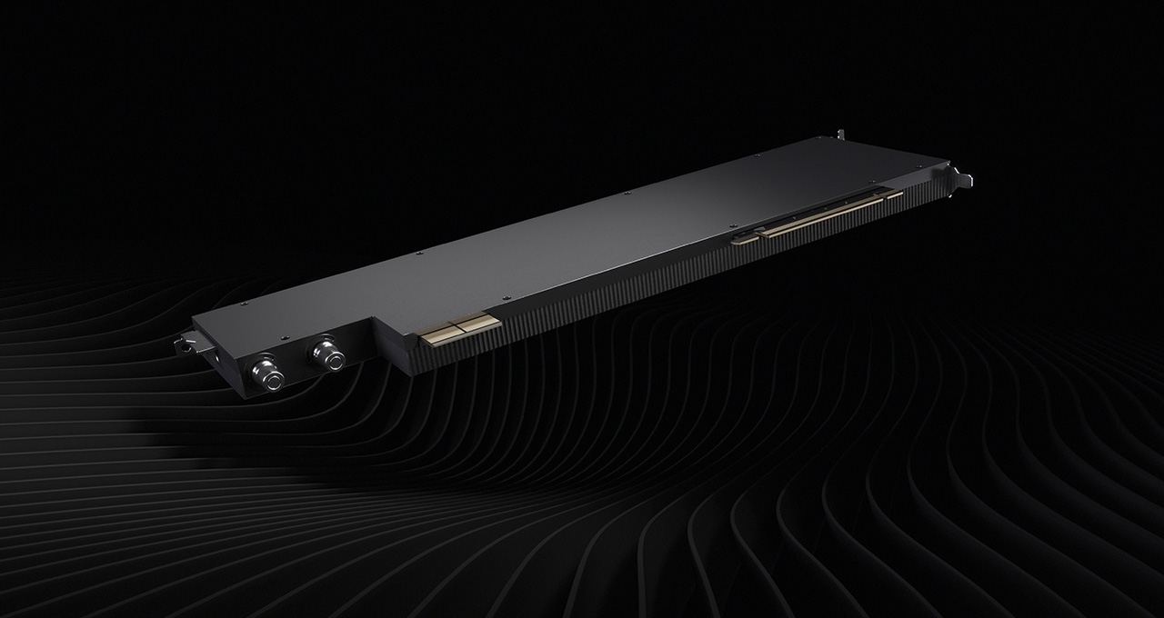 NVIDIA RTX PRO™ 6000 Blackwell Server Edition liquid-cooled GPU showing fluid inlet and outlet ports for data center integration.