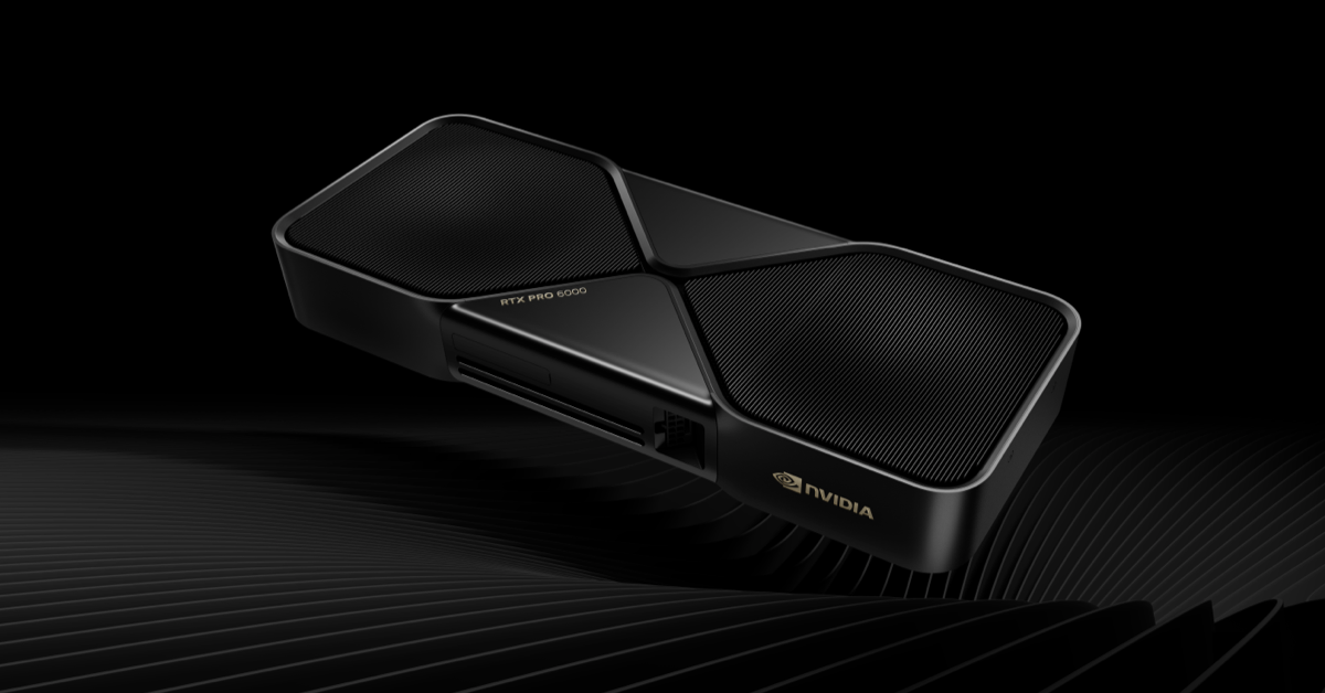 Perspective shot of the NVIDIA RTX PRO™ 6000 Blackwell card featuring a dual-section mesh cooling grille.