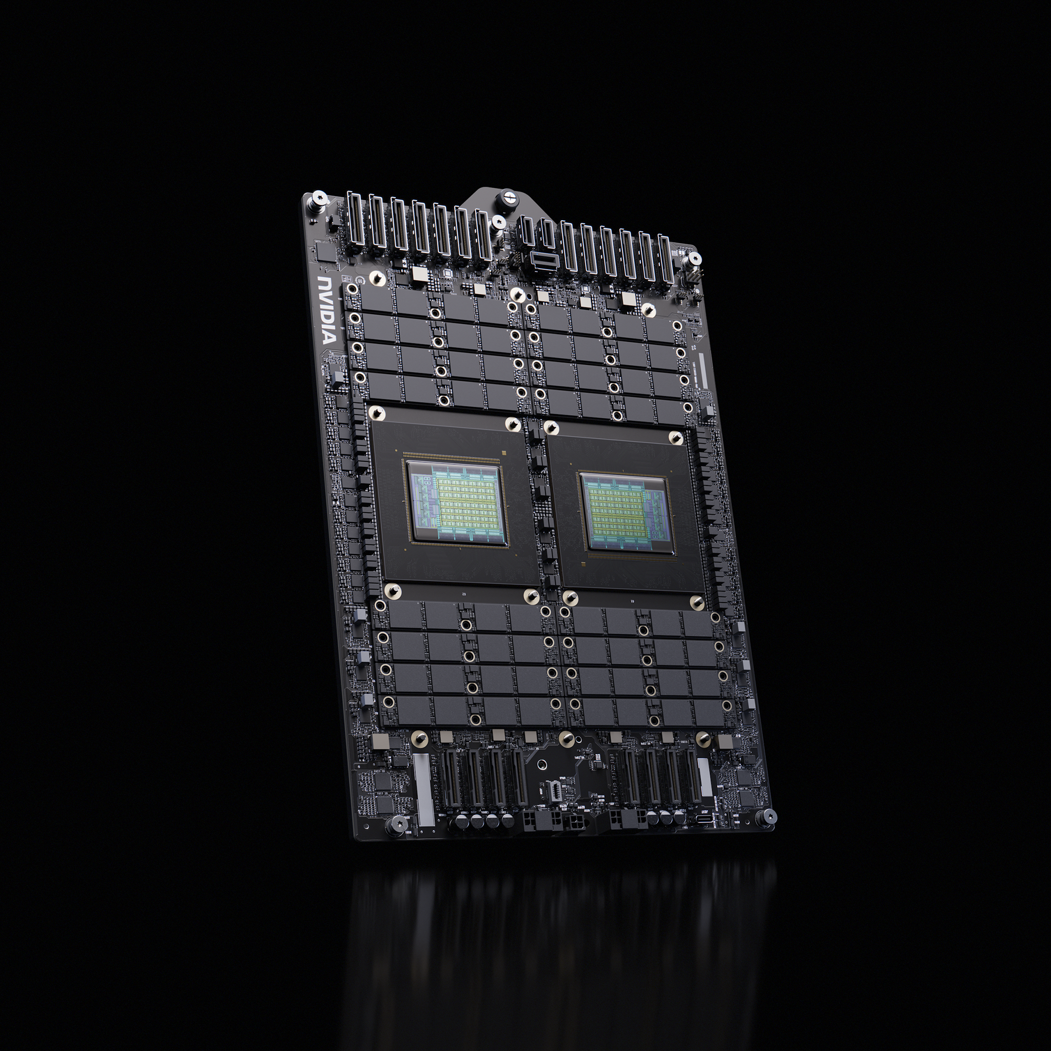 NVIDIA Vera Superchip server module featuring dual compute dies and integrated memory architecture on a black circuit board.